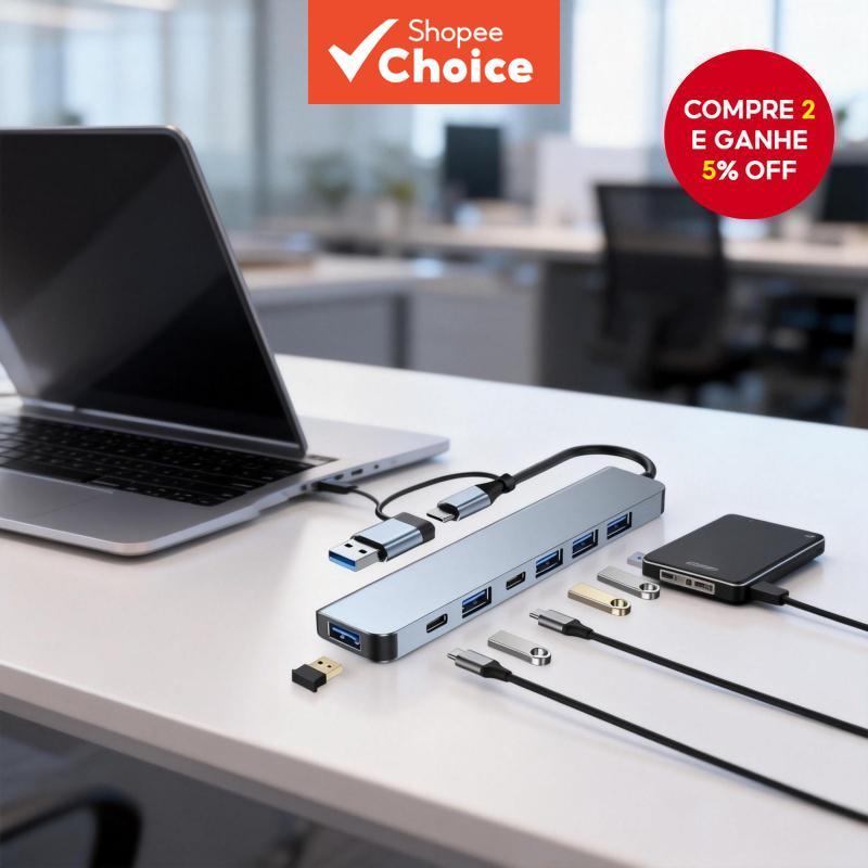Hub USB-C de Alumínio com 7 Portas, Adaptador OTG Tipo 3.0 para Computador