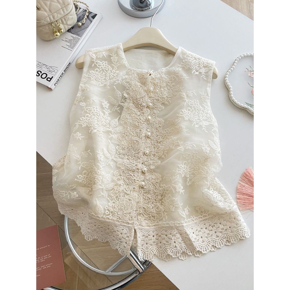 Novo estilo chinês simples estilo chinês colete de renda feminino 2026 novo estilo branco suave bordado sem mangas colet