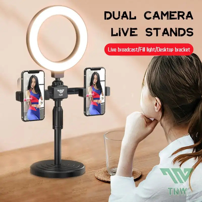 TNW 2 Phone Holder with Ring Light Tripod Stand with 3 Colors Led Light For Live Stream Circle Light