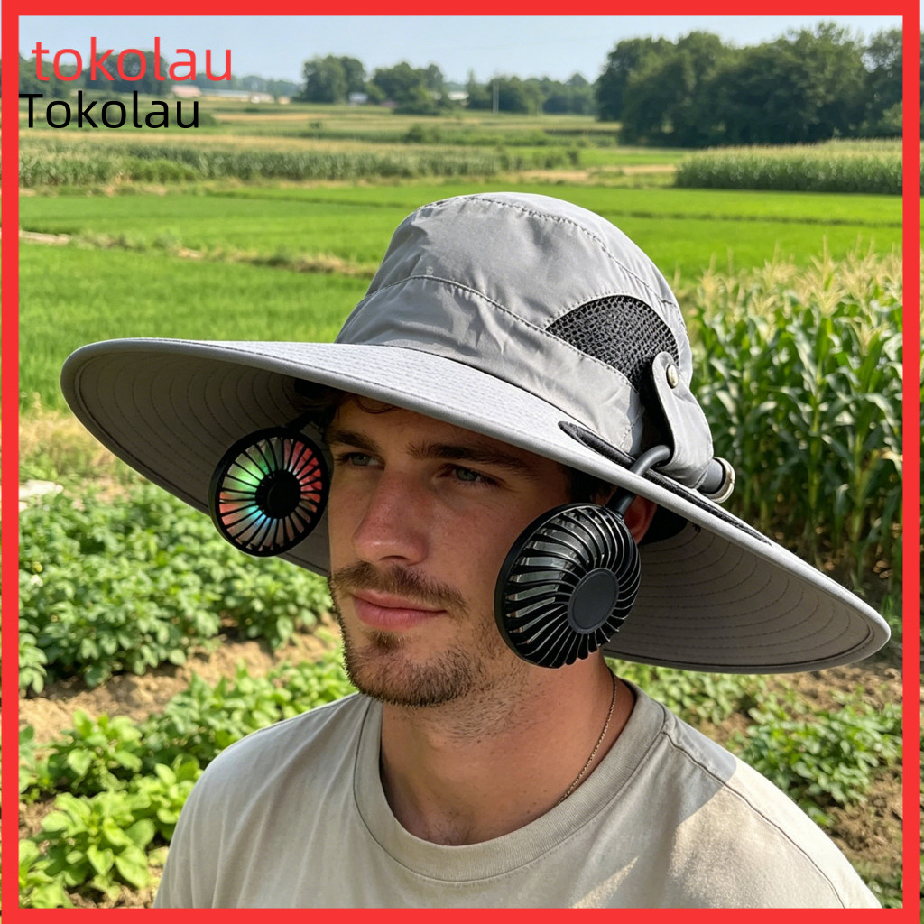 Dual Fan Sun Hat Bucket with Usb Rechargeable Fans 2-in-1 Cap Detachable Glow-in-the-dark Blades Adjustable Speed Wide B
