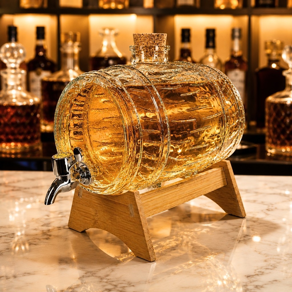Barril Vidro para Cachaça c/ Torneira e Suporte Madeira 3L