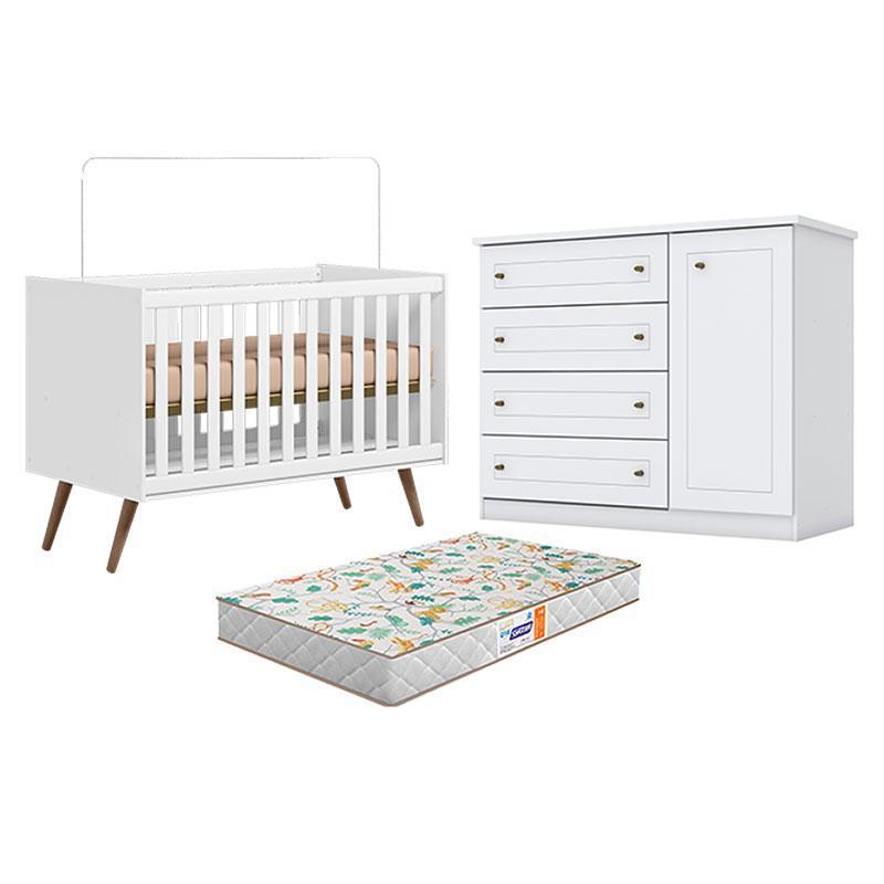 Berço Q Encanto 3820 Retrô Branco Acetinado - Qmovi e Cômoda Infantil Branco HP e Colchão Gazin - Henn
