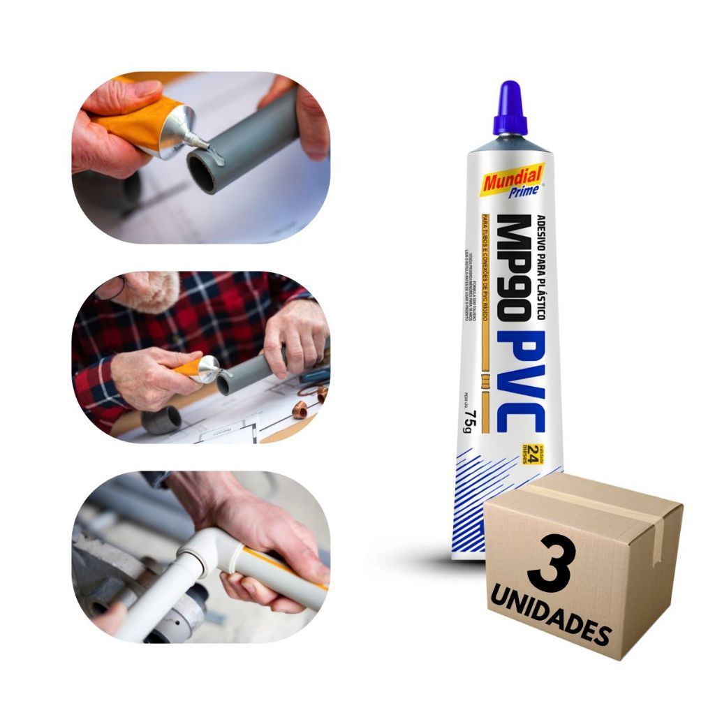 Kit 3 Adesivo PVC MP90 Mundial Prime 75g Cola para Tubos e Conexões de PVC