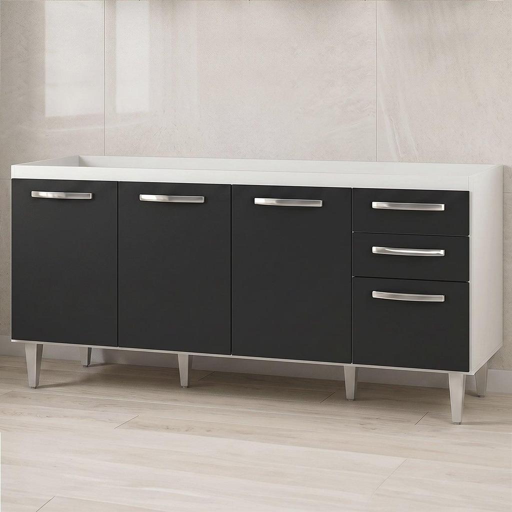 Balcão Gabinete Para Pia Áustria sem Tampo 160cm 4 Portas 2 Gavetas Branco/Preto - Lumil Móveis