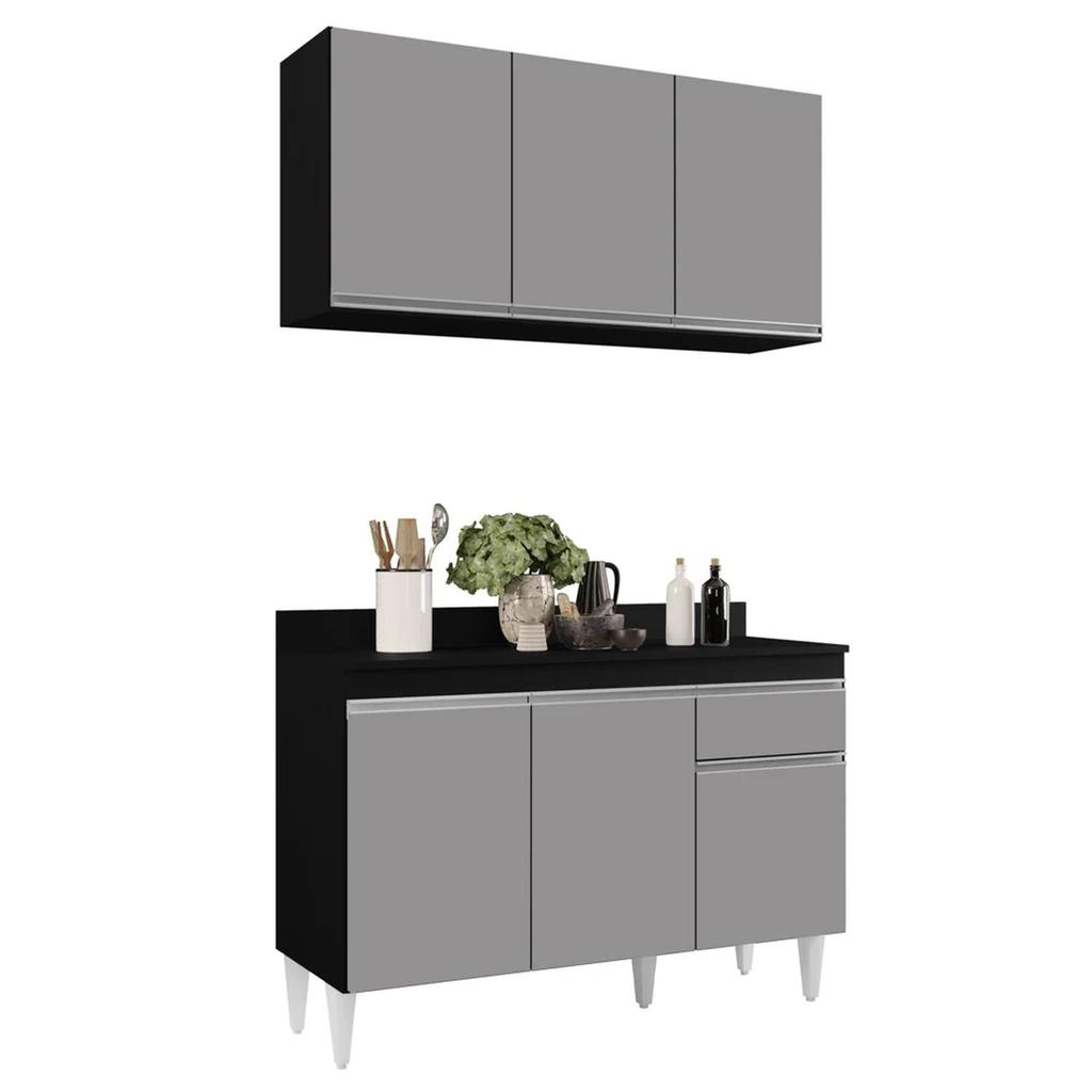 Armário Aéreo Virgínia e Balcão com Tampo 120cm Arizona Preto/Cinza - Lumil