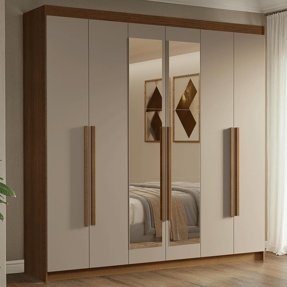 Guarda-Roupa Casal 6 Portas Batentes com Espelho Rustic/Crema/Rustic Venus Madesa