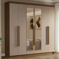 Guarda-Roupa Casal 6 Portas Batentes com Espelho Rustic/Crema/Rustic Venus Madesa