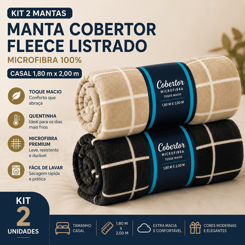 Kit Duas Mantas Cobertor – Listrado Fleece / Casal 1,80x2,00 / Microfibra