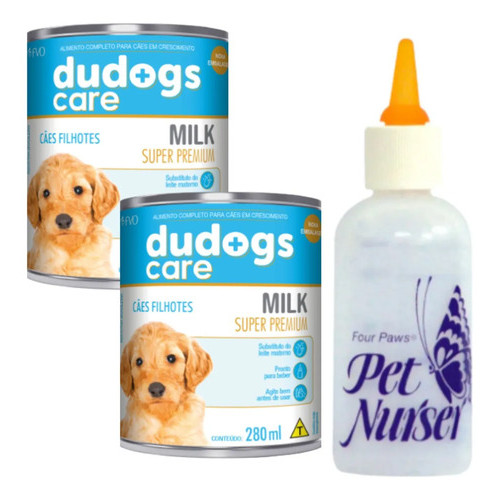 Kit 2 Alimento Leite Dudogs Cães Filhotes 280ml + 1 Mamadeira Nurser De 50ml