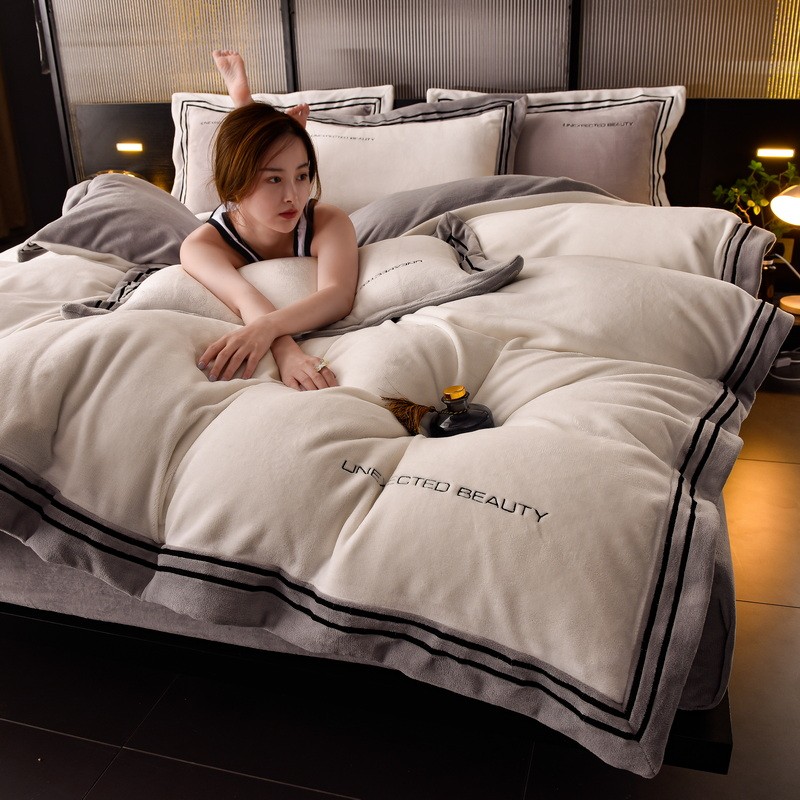 Novo estilo de lã de leite conjunto de quatro peças inverno flanela lençol inverno Coral velo colcha capa High-End cama 