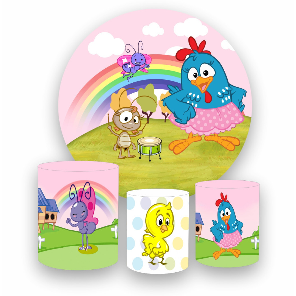 Kit Painel Redondo em tecido sublimado 1,5 + 3 Capas de Cilindros GALINHA PINTADINHA
