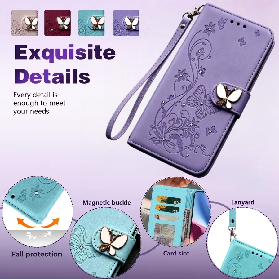 Luxo Glitter Borboleta Flor Flip Caso Carteira De Couro Para Samsung Galaxy A08 A18 A07 A17 A27 A37 A57 A06 A16 A36 A56