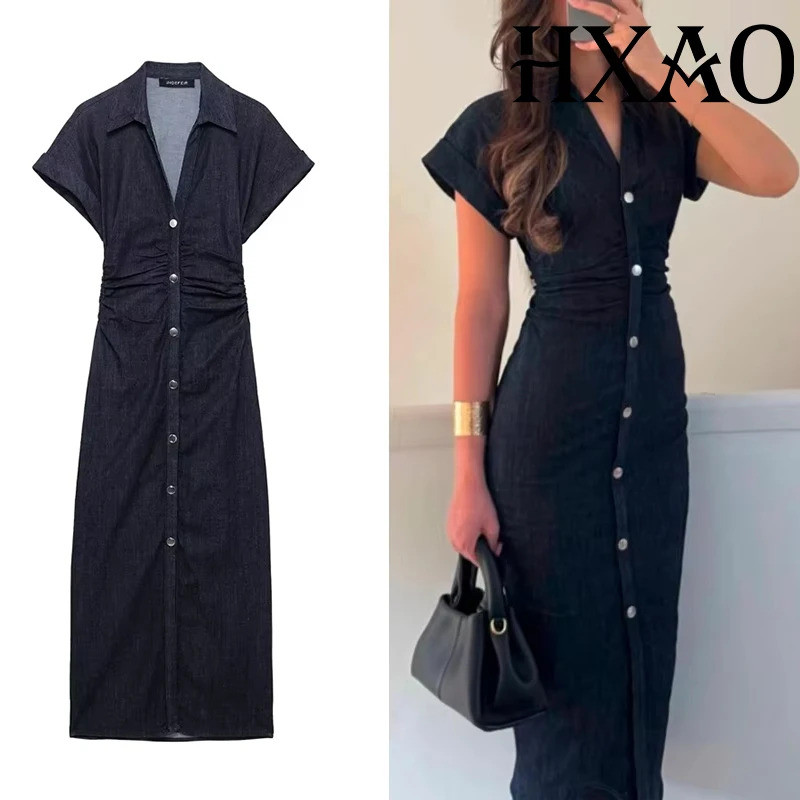 Vestido Jeans Feminino HXAO 2025, Manga Curta, Vestido Midi, Vestidos Casuais Bodycon para Primavera e, Vestido Lo
