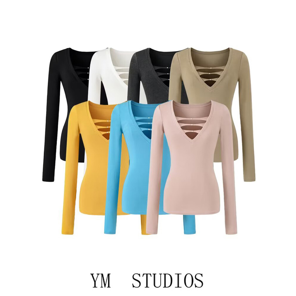 Europeu europeu americano feminino estilo coreano Design oco pérola com decote em V Sexy manga comprida camiseta feminin