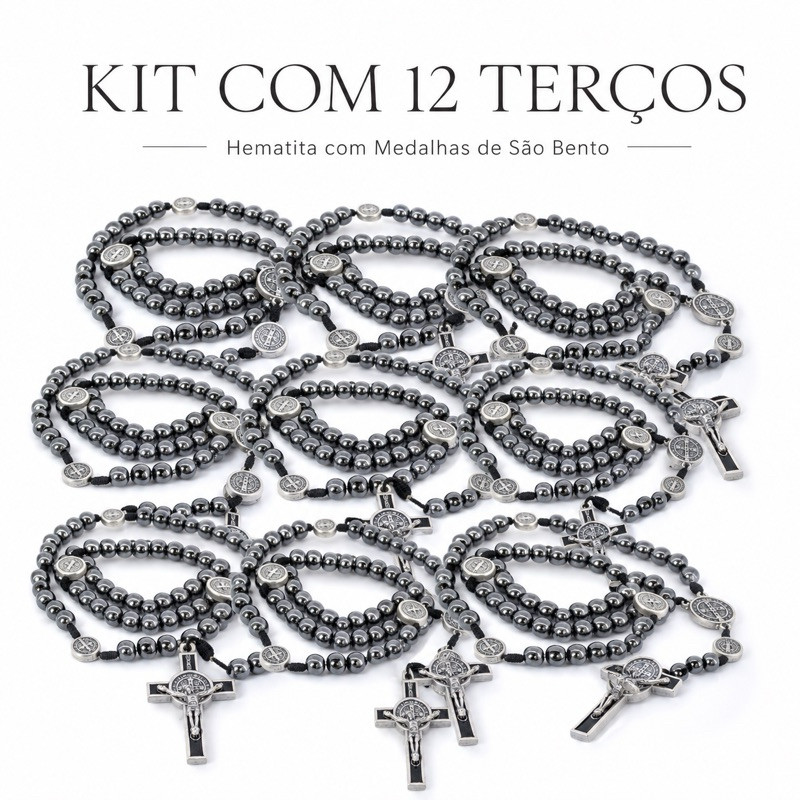 Kit 12 Terços Pescoço Hematita e Aço Inox São Bento Medalha