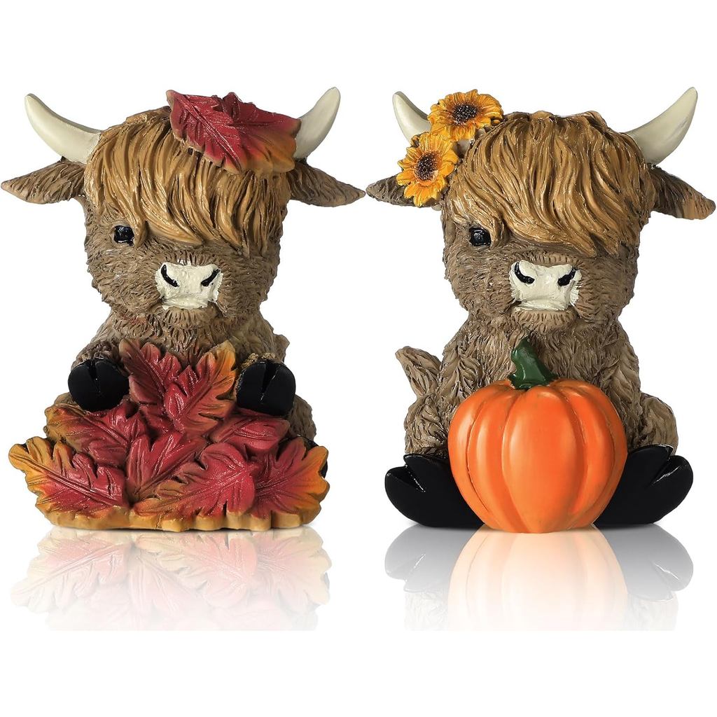 Wesiti 2 Peças Decoração de Ação de Graças, Estatueta de Resina de Vaca Highland com Abóbora e Folha de Bordo, Gnomos de