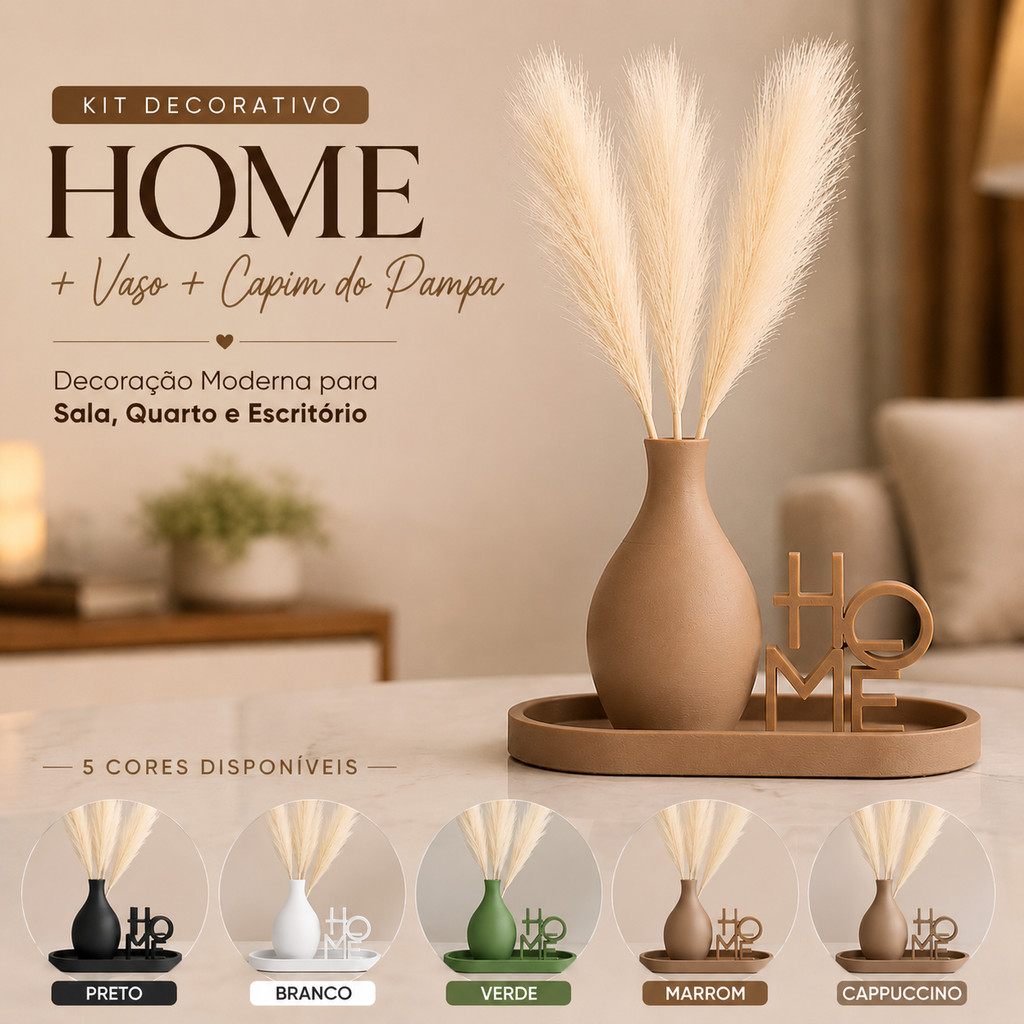 Kit Decorativo Home Vaso Capim Do Pampa Bandeja Sala Quarto Aparador Decoração Moderna 3D