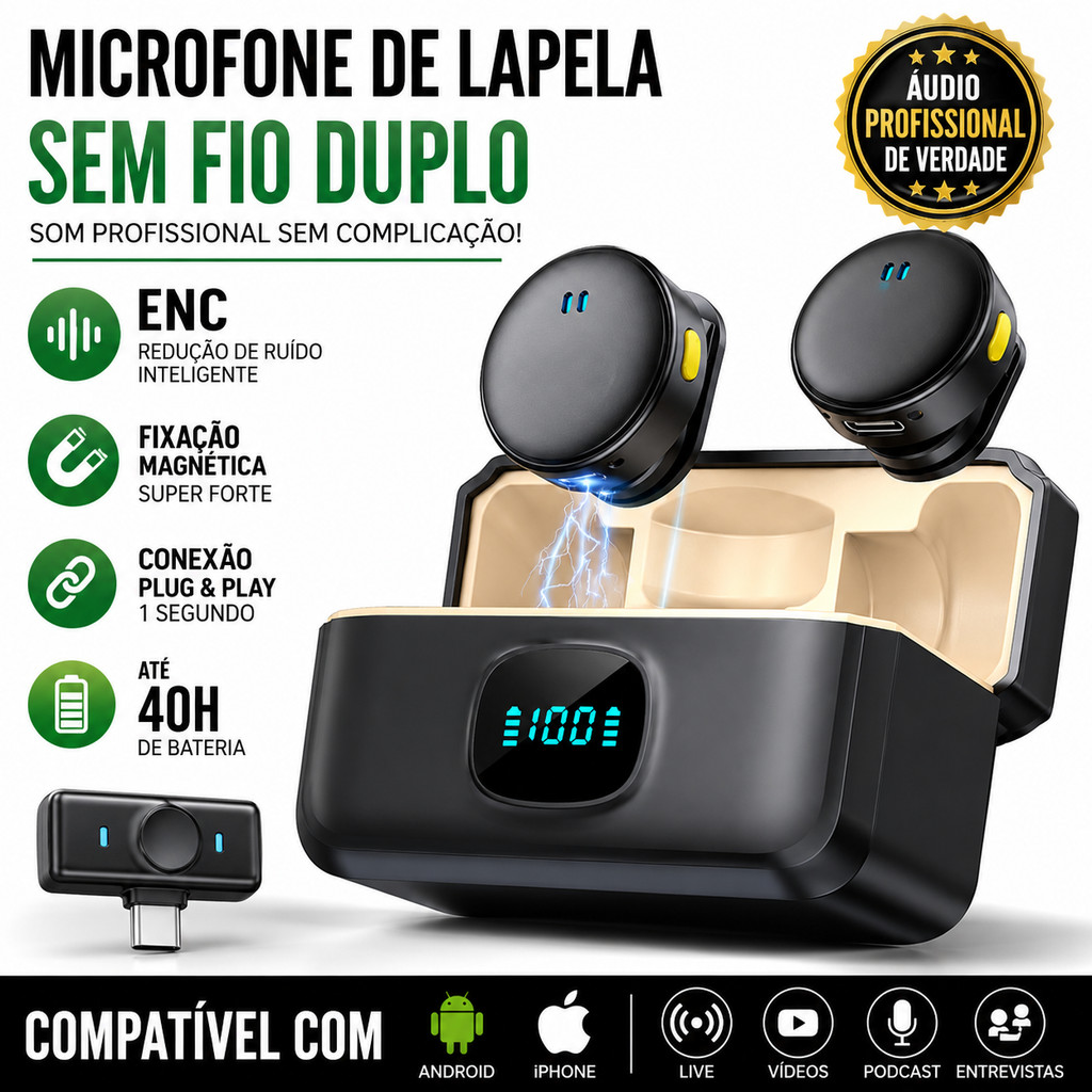 Microfone de Lapela Sem Fio Duplo Magnético Tipo C para Android e iPhone com Redução de Ruído