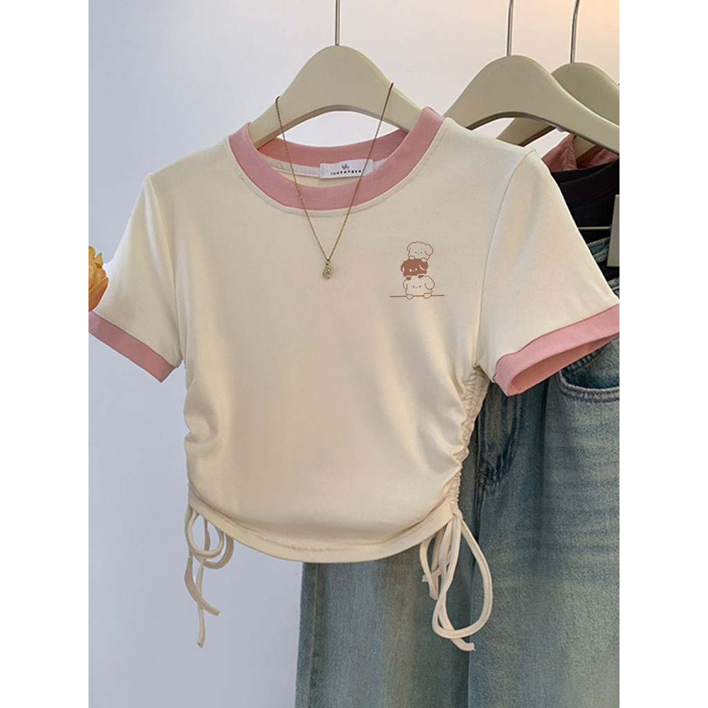 Meninas roupas cor combinando puro algodão manga curta camiseta verão médio grande crianças Super bonito estilo coreano 