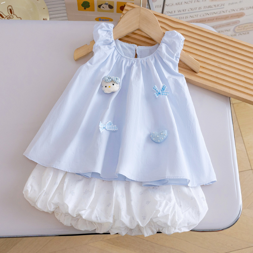 Meninas terno de verão 26 novo estilo moda dos desenhos animados gatinho menina bebê moda colete Floral Bud calças terno