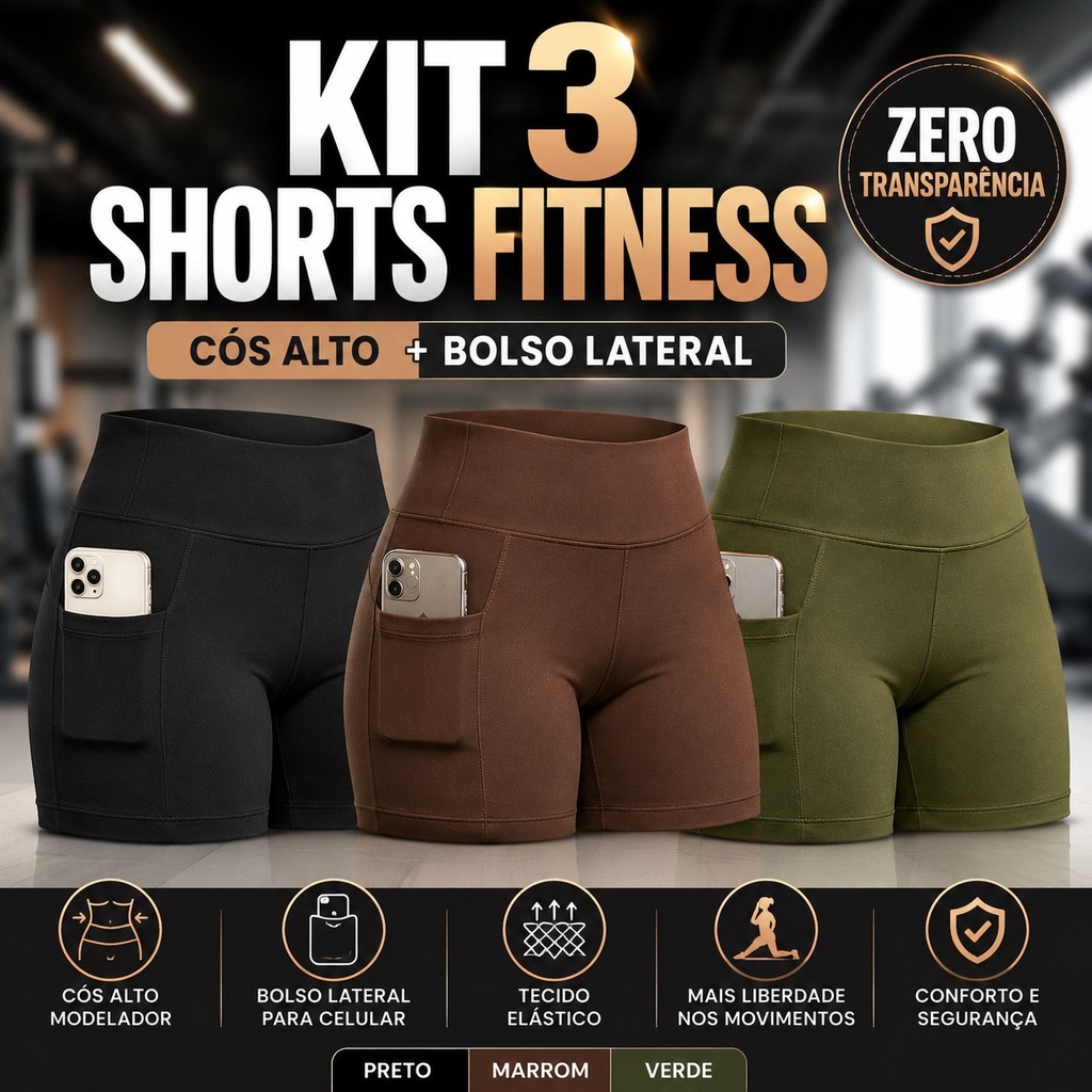 Kit 3 Shorts Feminino Fitness Cós Alto Com Bolso Para Celular Zero Transparência Academia Corrida