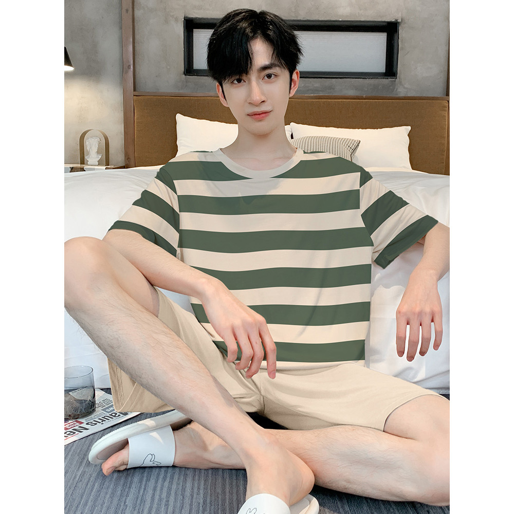Pijamas masculinos Modal verão de manga curta adolescentes listrado esportes estudantes verão exterior Wearable Homewear