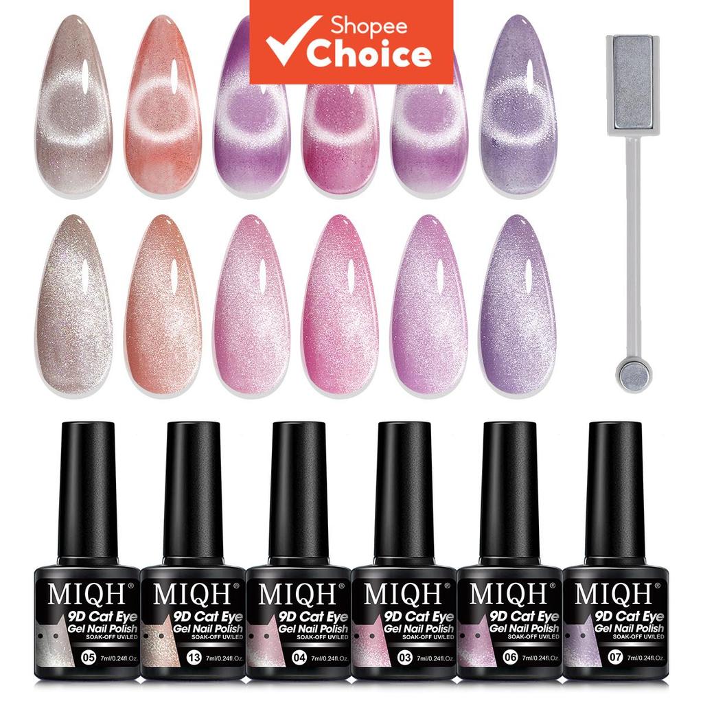 MIQH 6 frascos de gel para unhas olho de gato com cristais + 1 ímã, esmalte de unha de salão brilhante, duradouro e