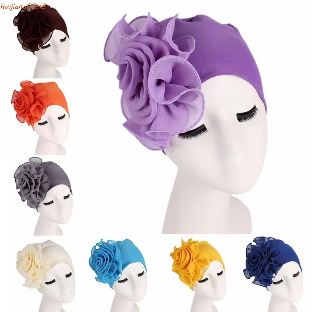HUIJIANG Flor Lateral Ramadan Hijab , Boné Turbante Feminino De Cor Sólida Com Grande Elástico De Cabeça De Tamanho Únic