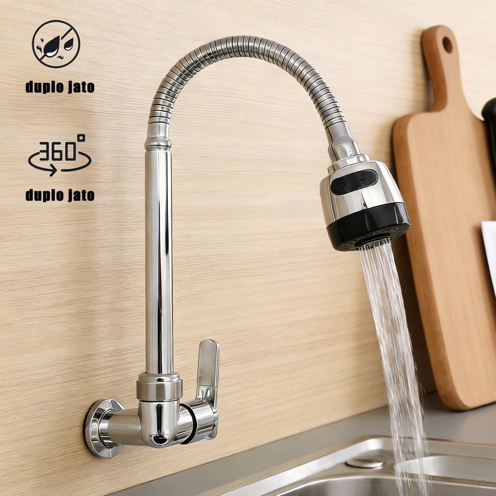 Cozinha Torneira Inox Prata Com Chuveiro Com Rotação De 360° Luxo Parede