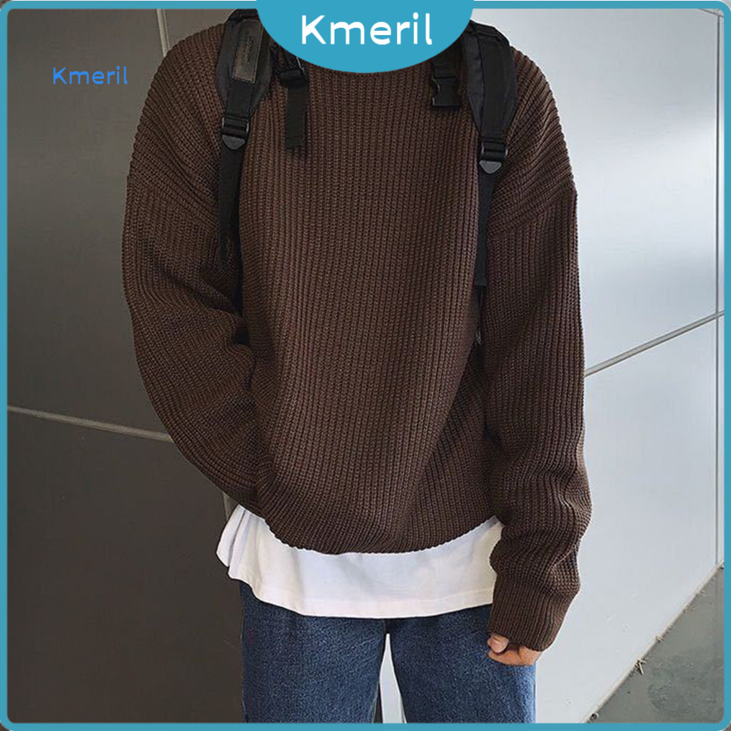 Men Relaxed Fit Sweater Men’s Korean Style Autumn Winter Pullover O-neck Long Sleeve Loose Knitted Top Solid Color Str
