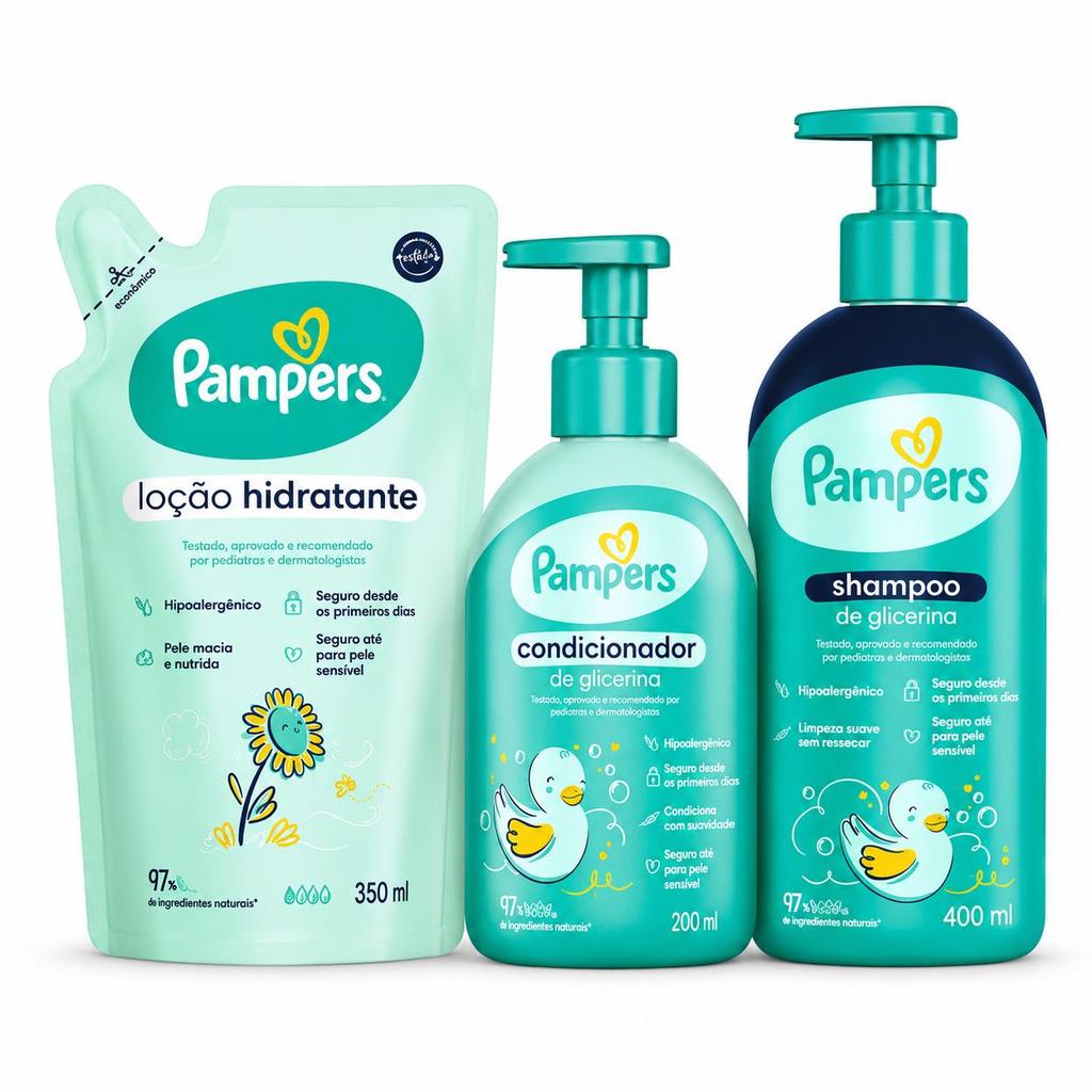 Kit Pampers Shampoo de Glicerina 400ml + Condicionador 200ml + Loção Hidratante Infantil Refil 350ml