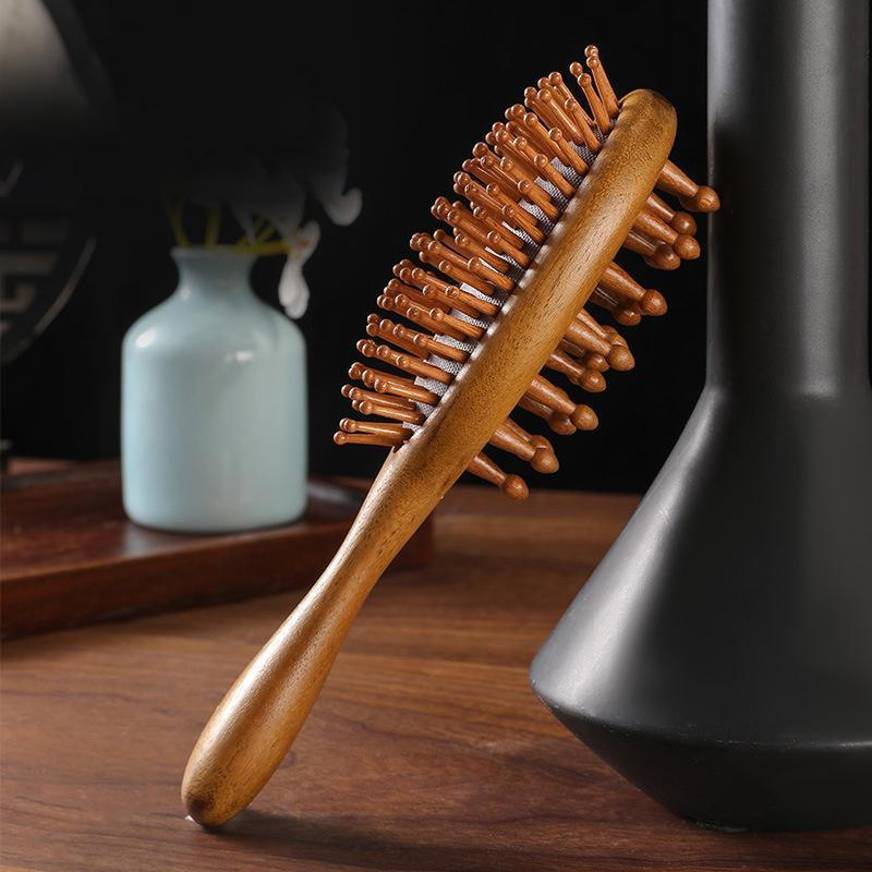 Escova de cabelo de sândalo com almofada de ar de dupla face, escova de massagem capilar de madeira antiestática, promov