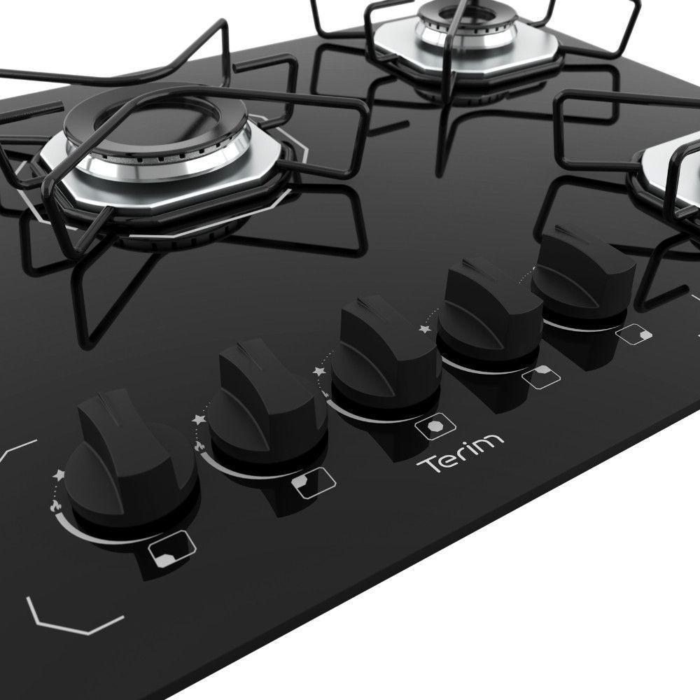 Cooktop a Gás Terim 5 Bocas Vidro Temperado com 6 Apoios Preto Bivolt — imagem 2 de 2