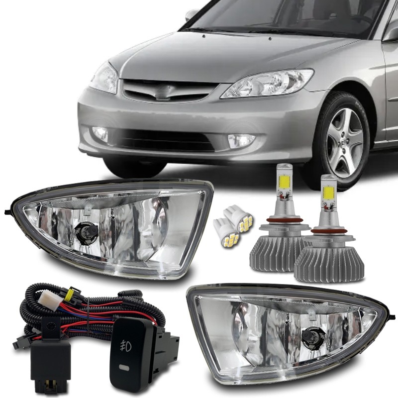 Kit Farol Milha Auxiliar Civic 2004 2005 2006 Botao Modelo Original + Super Led H11 6k