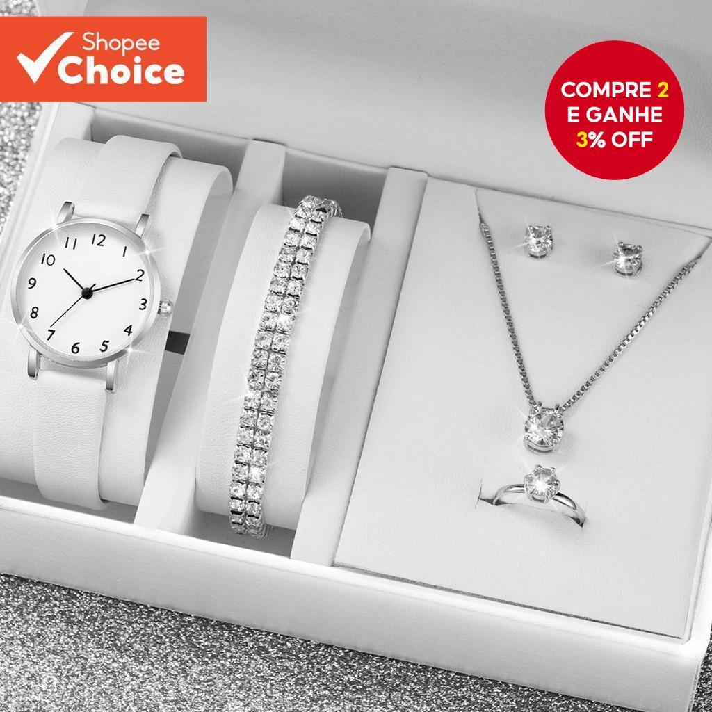 Conjunto De Relógio De Quartzo Casual Feminino , 6 Peças , Com Joias De Diamante , Pulseira , Colar , Brincos , Presente