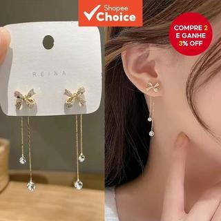 Brincos De Borla Com Laço De Strass Coreano Da Moda | Longos E Elegantes Design Luxuoso