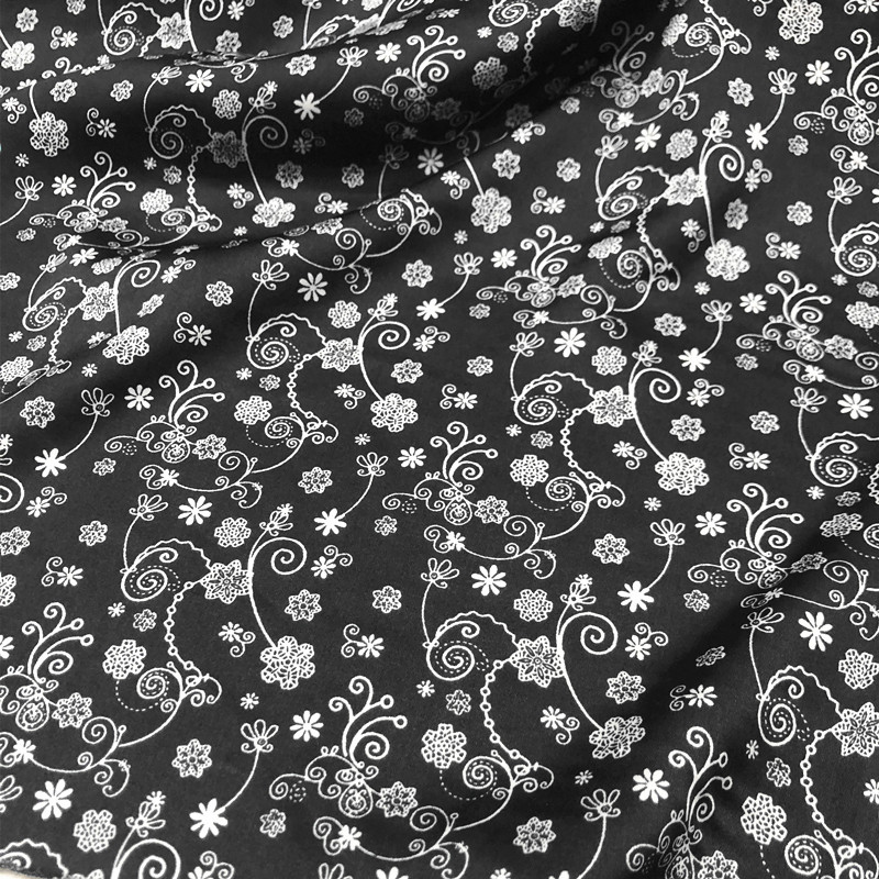 Pequeno Floral impresso fio de linho tecido cetim preto branco padrão planta suave vestido de verão camisa pano cabeça t