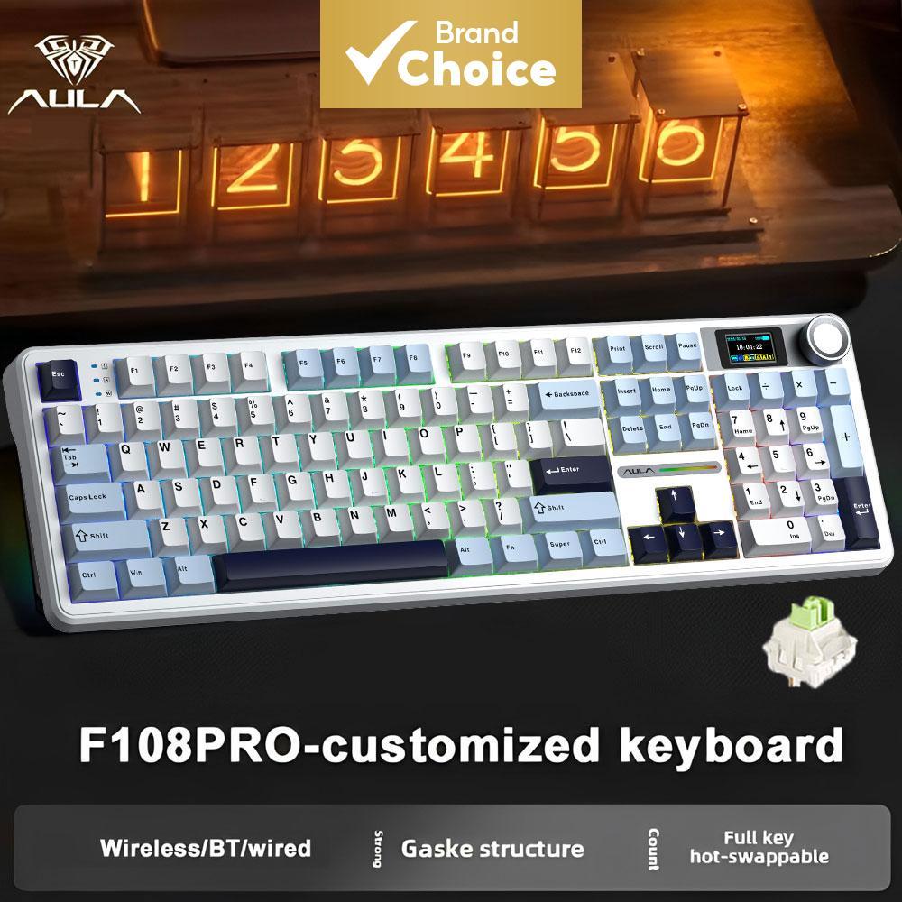 Teclado para jogos sem fio AULA F108 Pro Teclado mecânico de tamanho completo com display e botões 2.4G/BT5.0/USB-C