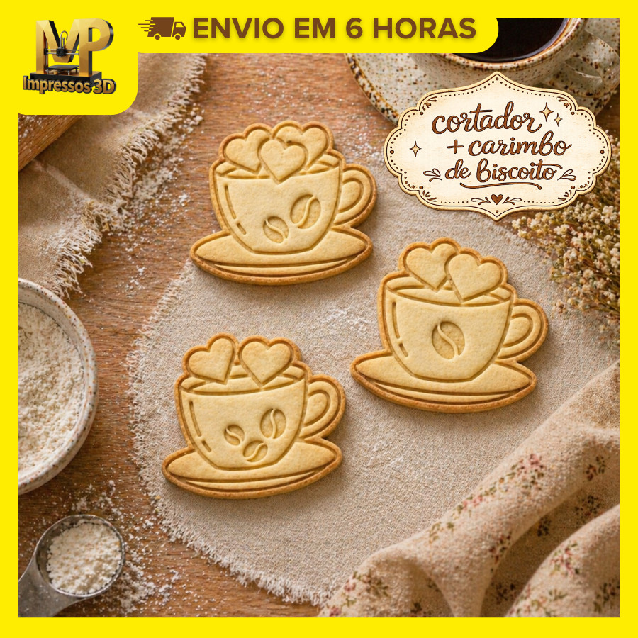 Cortador de Biscoito Xícara Café com Carimbo 3D 4,8 cm | Molde Biscoito Pasta Americana Presente