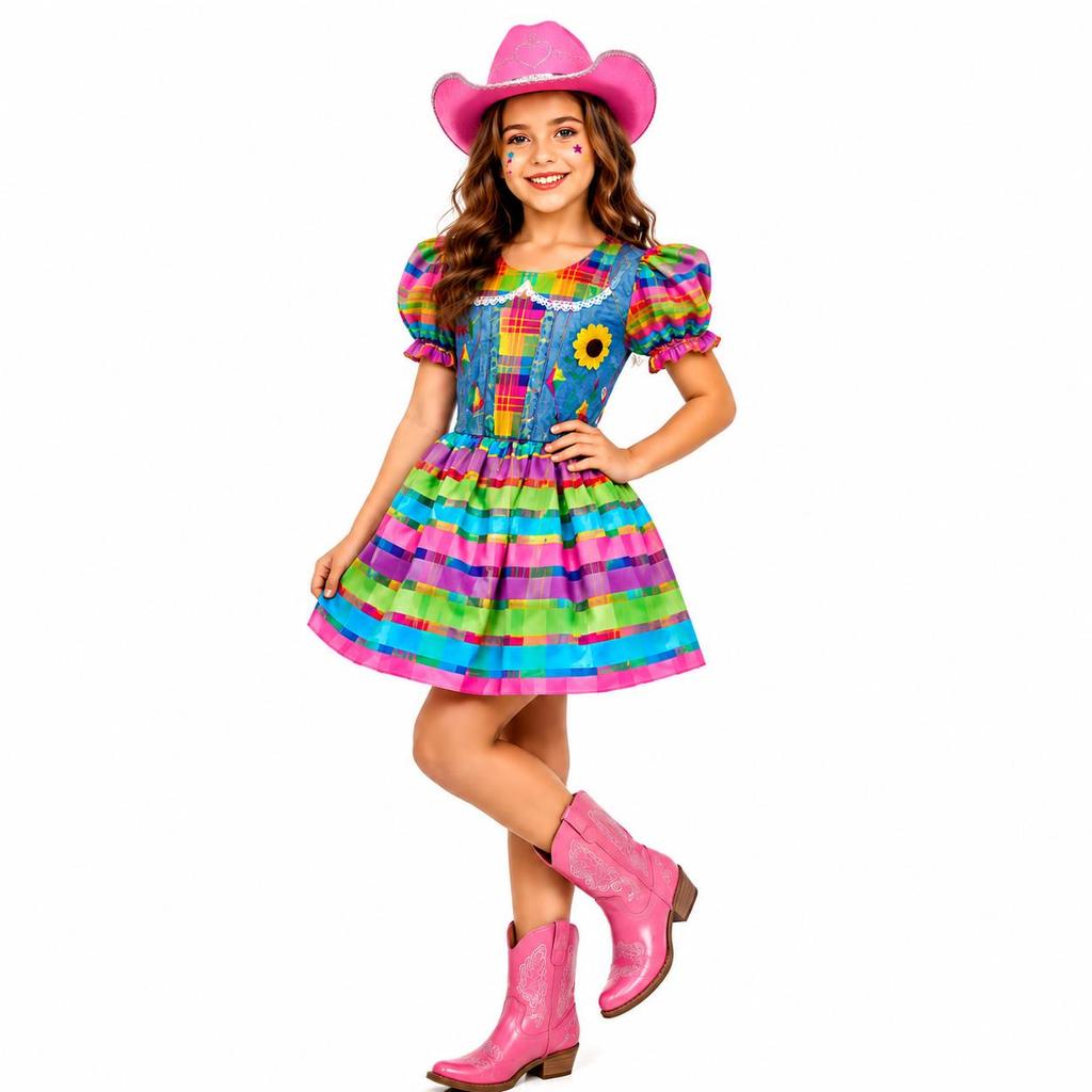 Vestido Festa Junina Infantil Moderno pra Menina Caipirinha Xadrez Colorida