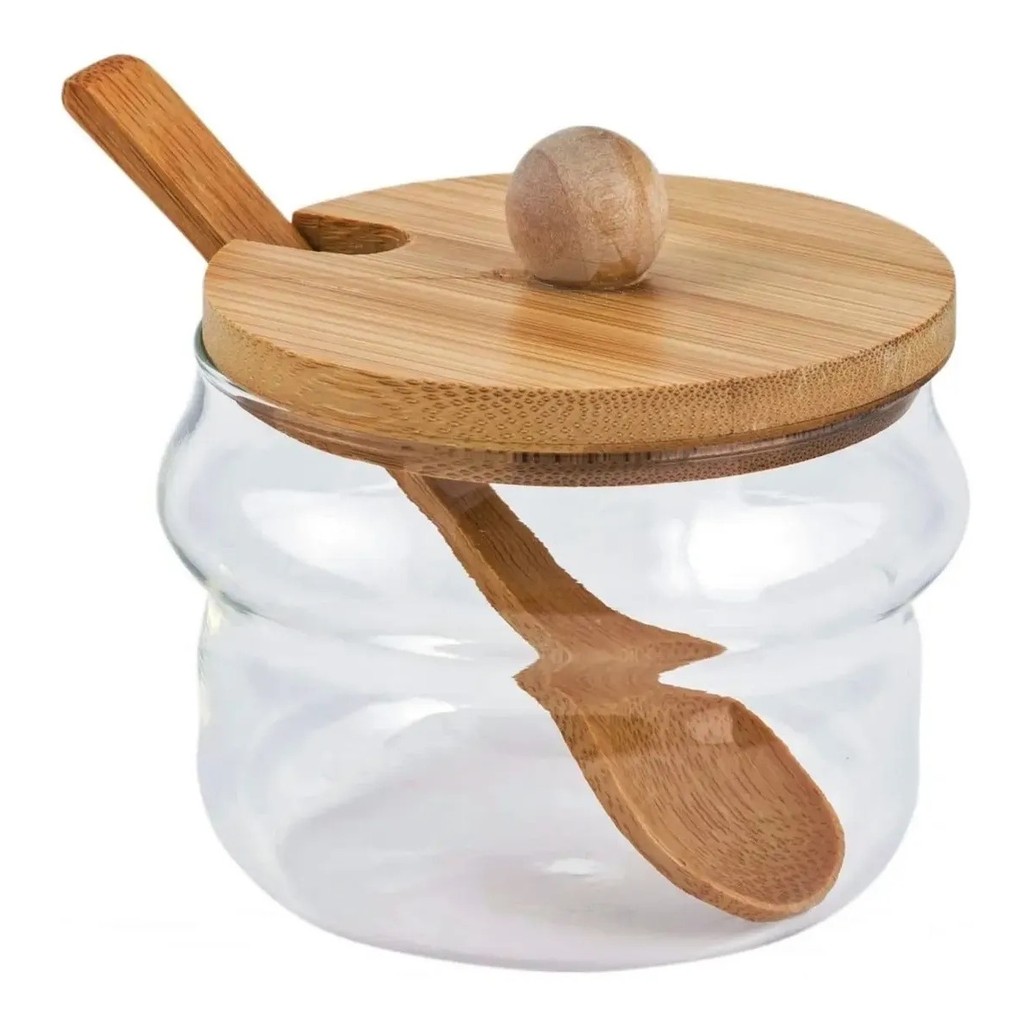 Açucareiro De Vidro Com Colher Tampa Bambu 250ml Mesa Posta Cantinho Do Café Da Manhã  Decoração Organizador Pote Açúcar