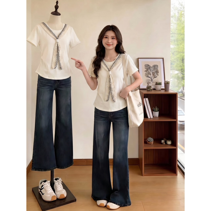 Branco falso de duas peças renda xale manga curta camiseta feminina 2026 novo estilo verão Plus Size gordura mm crochê c