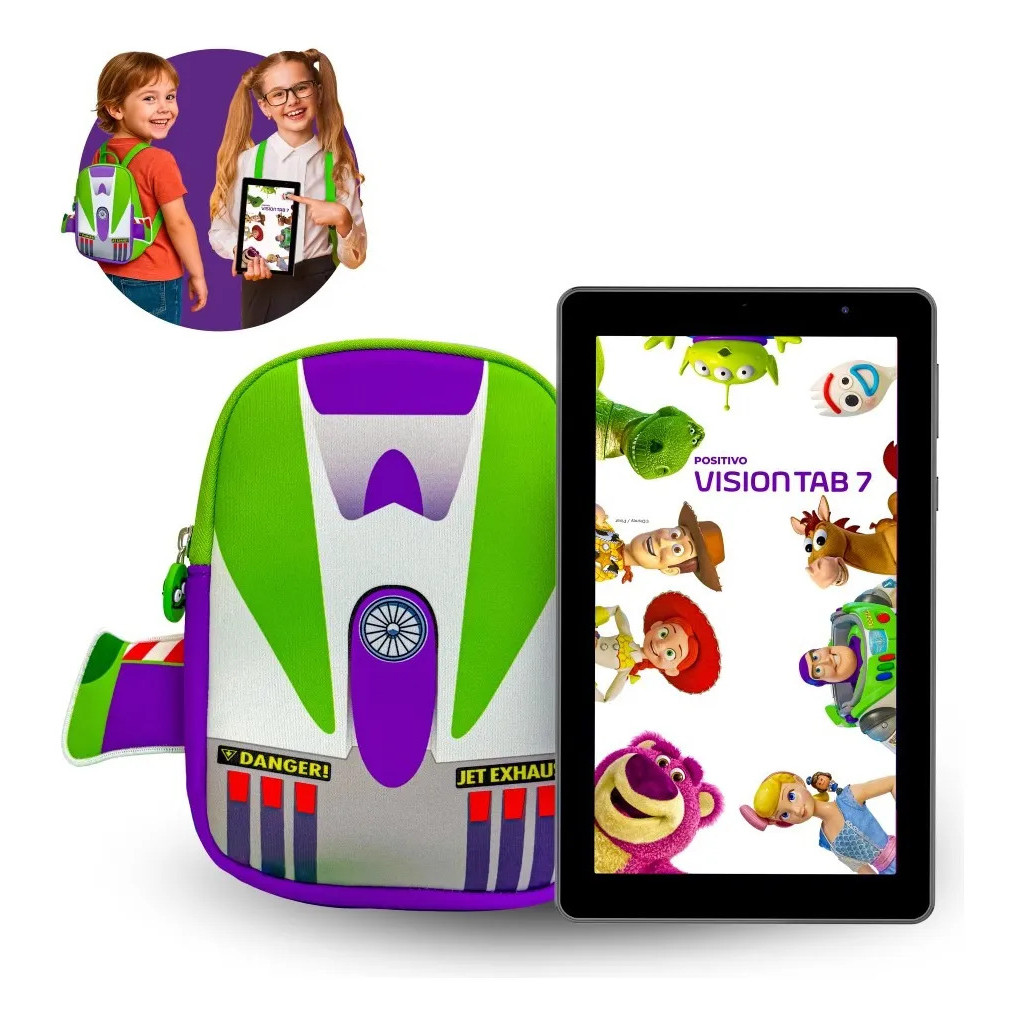 Tablet Infantil Positivo ToyStory  64GB, Android 14, capa de  silicone e mochila do Buzz