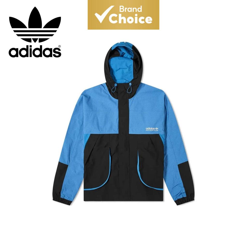 Jaqueta Masculina com Capuz e Cordão Estampado com Logo da Marca, Design de Emenda, Adidas Originals Aventura Azul-Preta