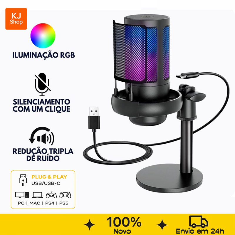 Microfone Condensador Gamer RGB Para Podcast Alta Sensibilidade Gravação Streaming PC