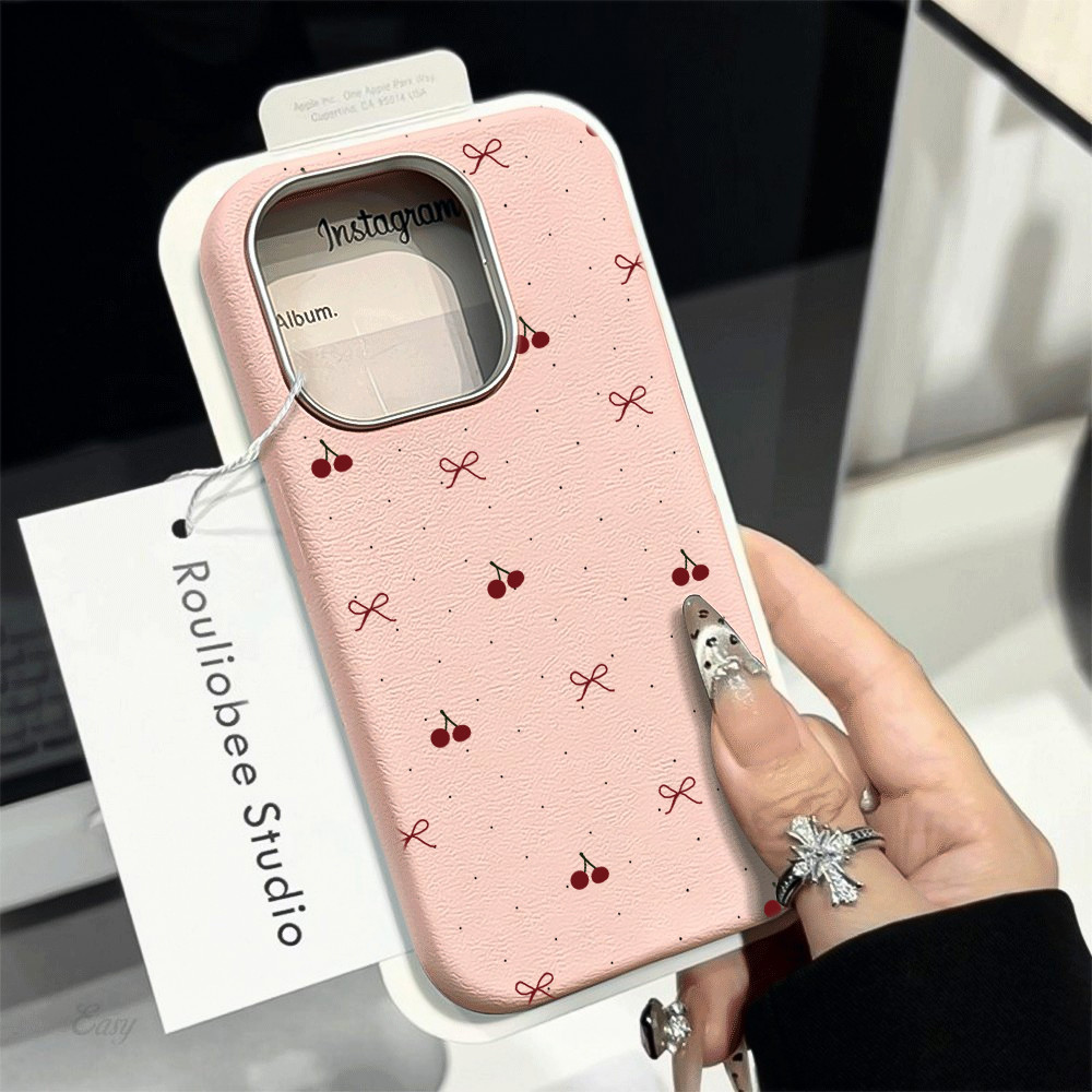 Textura de Couro Sintético Premium Capa Capinha Para iPhone 14 16 15 Plus 17 Air 13 12 11 Pro Max Coquette Cereja Arco