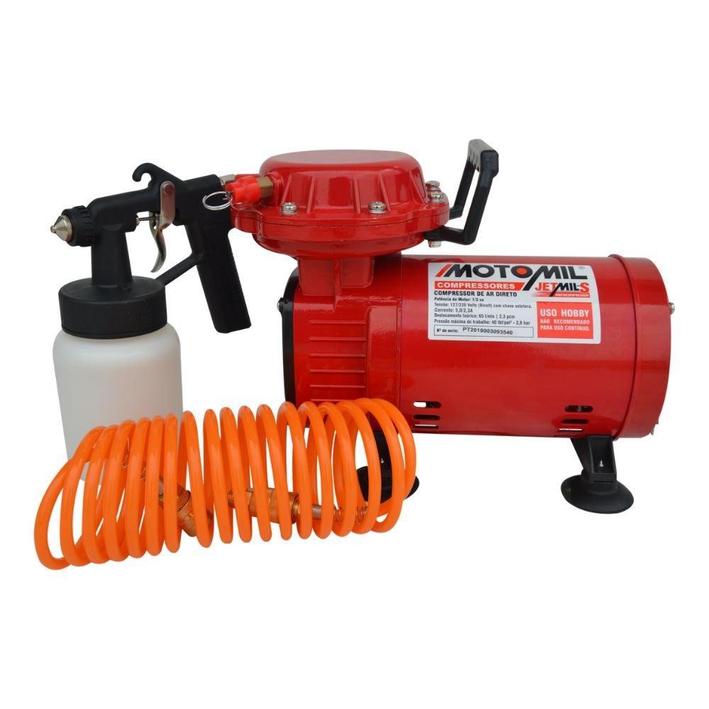 Motocompressor de Ar Direto Jetmil-S 2,3 Pés 1/3HP Pistola de Pintura e Mangueira 110/220V Motomil