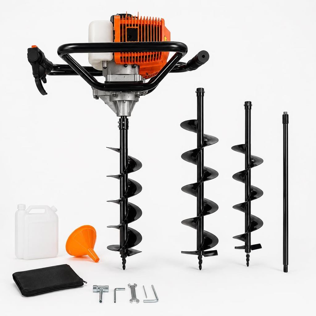 Perfurador de Solo a Gasolina 75CC 3 Brocas+ Extensor+ Funil+ Dosador+ Kit Tools p/Cercas e Plantio
