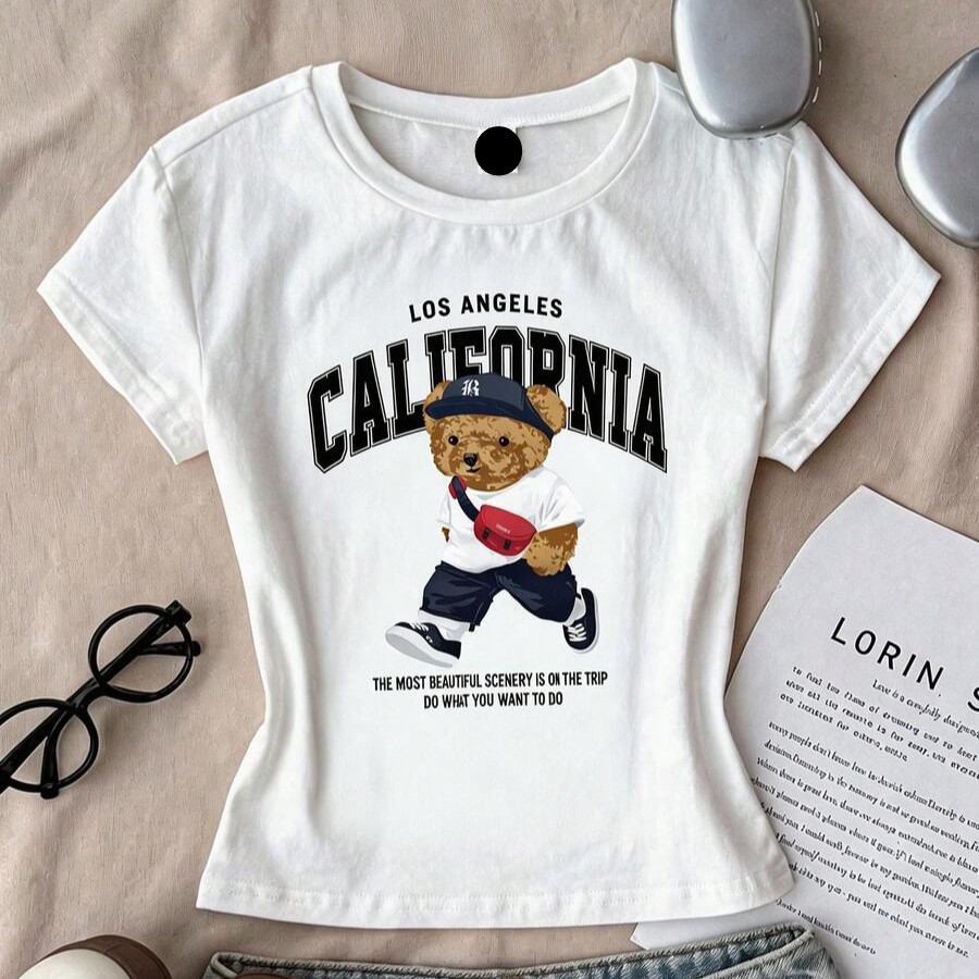 Camiseta Urso Califórnia Masculina Feminina Estampada Casual Manga Curta Algodão Baby Look