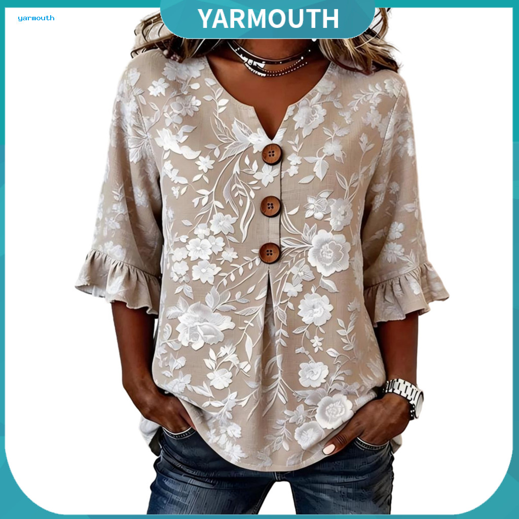V-neck Women Shirt Summer Tops Women’s T-shirt Tee Regular Fit Half Sleeve Floral 3d Digital Print Pullover Top Wear L